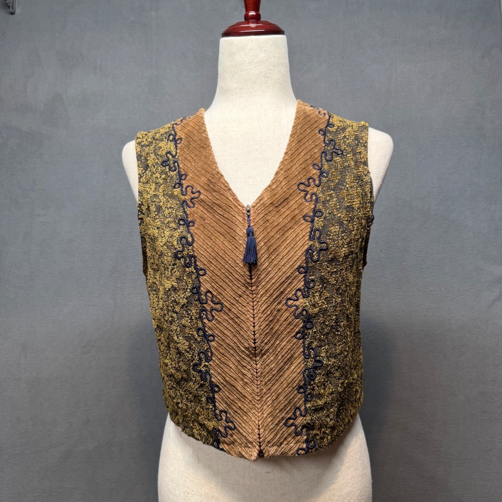 Vtg? Tapestry Brocade Boho Vest Tassel Zip Front S/M? Cottage Fairy Ren Faire - Picture 4 of 13